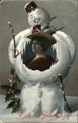 Woman in Snowman Snowmen Postcard Postcard