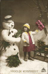 Tinted Girl with Snowman Snowmen Postcard Postcard