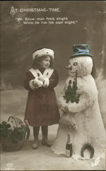 Tinted Girl Snowman Snowmen Postcard Postcard