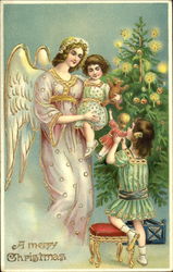 Angel and Children Gold Postcard