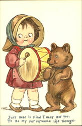 A little girl with a drum and a bear Postcard