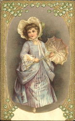 Girl in long blue dress with an umbrella Postcard