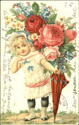 Old Fashioned Flower Girl with Umbrella Postcard