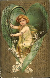 A cherubic child wrapped in a large leaf with flowers Fantasy Postcard Postcard