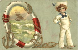 A Boy in a Sailor Suit Standing Beside a Porthole Postcard