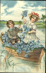 Boy and Girl in a Flower Filled Boat Children Postcard Postcard