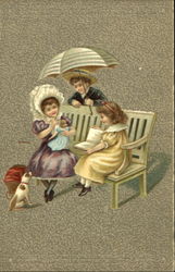 Three Children on a Bench Postcard Postcard