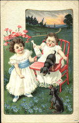 Babies & Dachshund Puppies Postcard