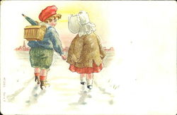 Two children walk into a sunset Postcard