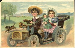 Boy and Girl in Car Children Postcard Postcard