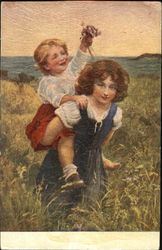 Girl giving child a piggy back ride Girls Postcard Postcard