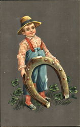 Boy with floppy hat is holding a large horseshoe Boys Postcard Postcard