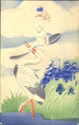 Embossed Stork with Baby Babies Postcard Postcard