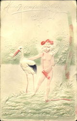 Embossed Stork & Cupid Girl Babies Postcard Postcard