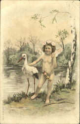 Stork and Cupid Girl Postcard