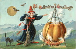 Halloween Greetings Witch with Pumpkin Cauldron Postcard