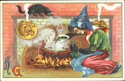 Halloween Greetings Witch at Fireplace JOL Postcard Postcard