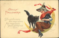 Jolly Halloween Witch on Moon Postcard