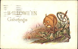 Halloween Greetings JOL on Frog Fishing Postcard