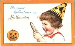 Pleasant Reflections On Halloween Girl w/Mirror Witch Hat Postcard