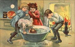 Children Bobbing Apples "Halloween Pastimes" Postcard