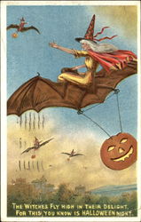 Witches Flying on Bats JOL Postcard