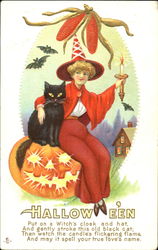 Series 216-A Pretty Witch Cat JOL Halloween Postcard Postcard