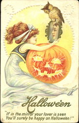 Series 216-B Pretty Woman Mirror JOL Owl Halloween Postcard Postcard