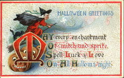 Witch on Broom Halloween Greetings Postcard Postcard