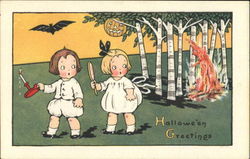 Scared Little Children Bats JOL Halloween Postcard Postcard