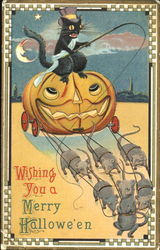 Cat Riding Pumpkin with Mice Halloween Postcard Postcard