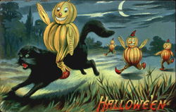 Halloween Pumpkins Squash People Riding Cat Postcard