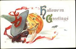 Series 332-E Pretty Witch Kissing Pumpkin Halloween Greetings Postcard Postcard