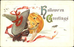 Series 332-E Pretty Witch Kissing Pumpkin Halloween Greetings Postcard