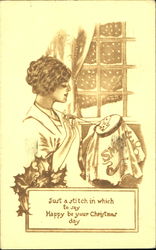 Woman Sewing Christmas Postcard Postcard