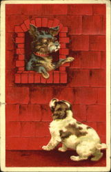 Dog looking out window with friend below Dogs Postcard Postcard