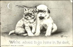 Kitten and Puppy We're Afraid to go home in the dark Postcard