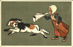 Girl scaring away a dog Postcard