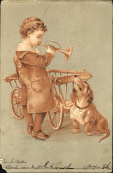 Boy playing horn with dog Dogs Postcard Postcard