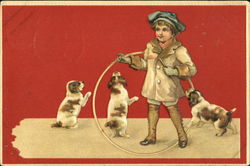 Boy with Hoops and Puppies Dogs Postcard Postcard