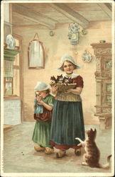 Dutch Girls with Kittens Postcard