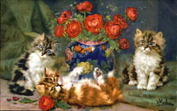 Kittens with Flowers in Vase Postcard