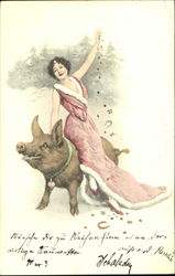 Woman on Pig Pigs Postcard Postcard