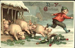 New Year Greetings Pigs Postcard Postcard