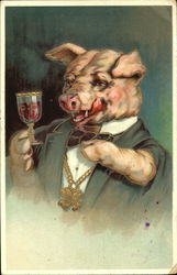 Pig Drinking Wine Pigs Postcard Postcard