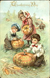 Children Carving Pumpkins Postcard Postcard