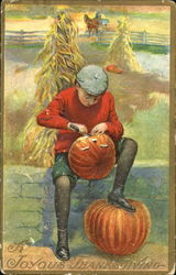 Boy Carving Jack-o-Lantern Children Postcard Postcard