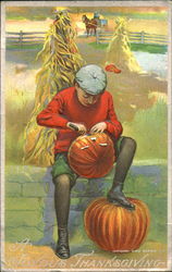 Boy Carving Jack-o-Lantern Postcard Postcard