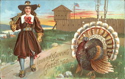 Thanksgiving Greetings Pilgrims Postcard Postcard