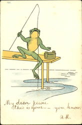 Frog with a fishing pole Frogs Postcard Postcard